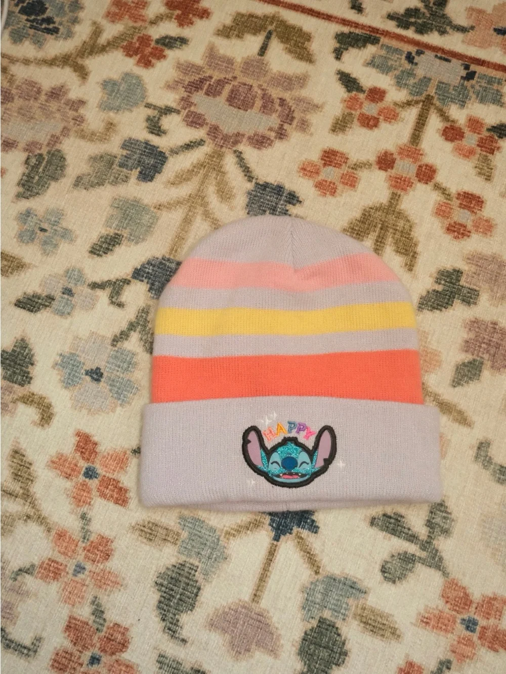 Kids Stitch Striped Beanie Hat with Cute Character Patch - Pink/Yellow/Coral